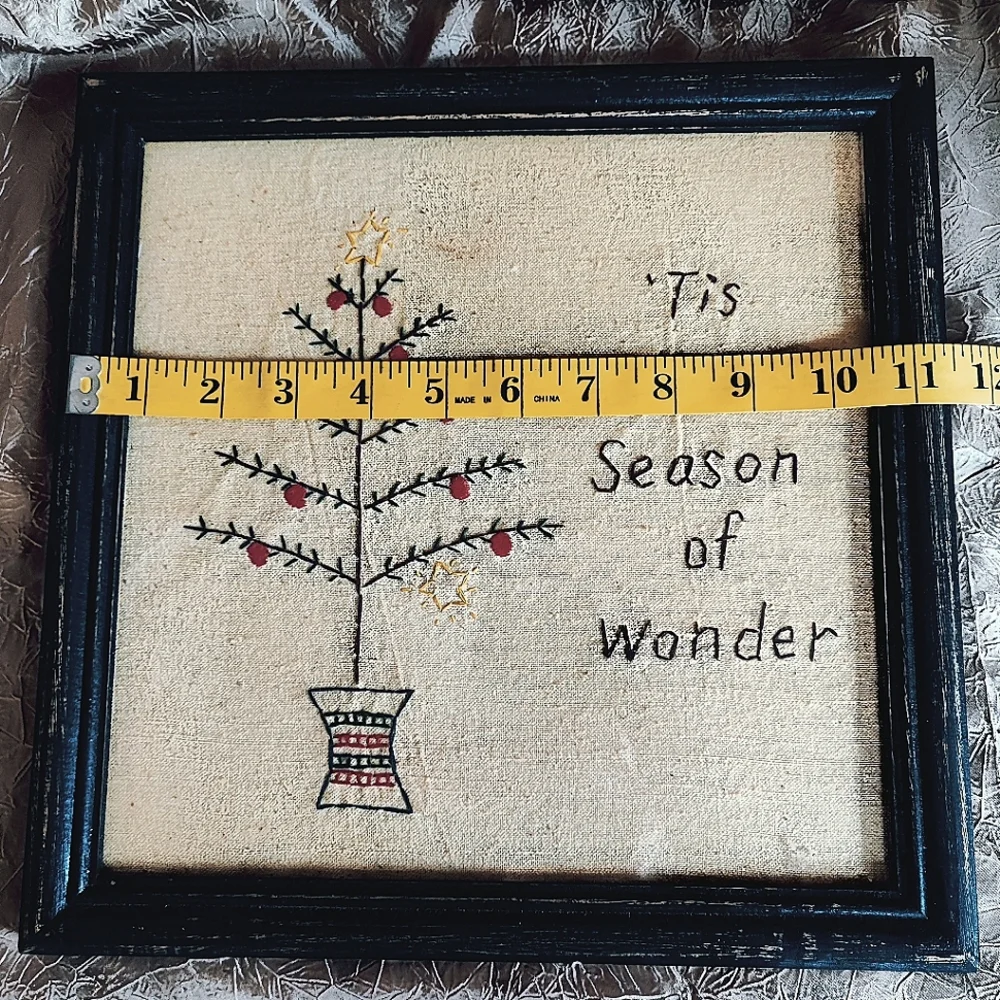 Christmas Picture Tis The Season of Wonder Embroidery Embroidered Vintage Framed